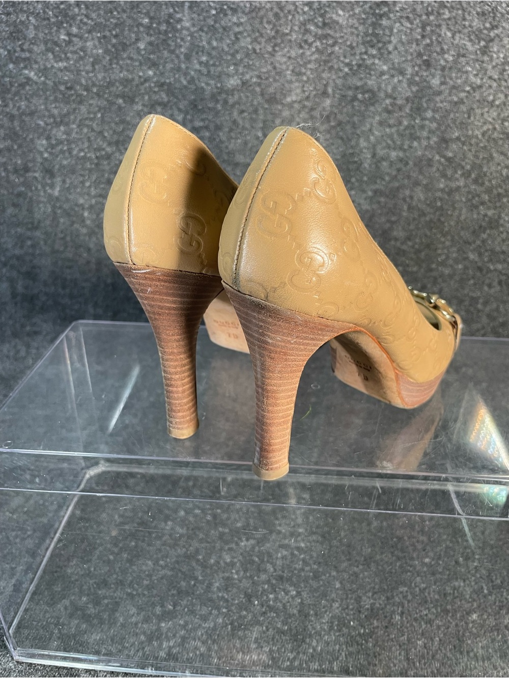 Gucci Guccisimma Horsebit Open Toe Light Sand Leather Heels Size 7 Monogram - Picture 10 of 16